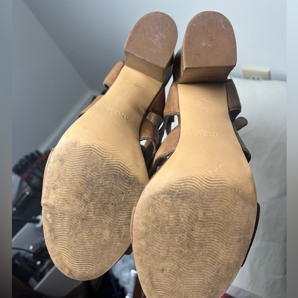 Aldo Strappy Gladiator Stacked Block Heel Leather Sandals Cognac Sz 9 - Picture 9 of 13